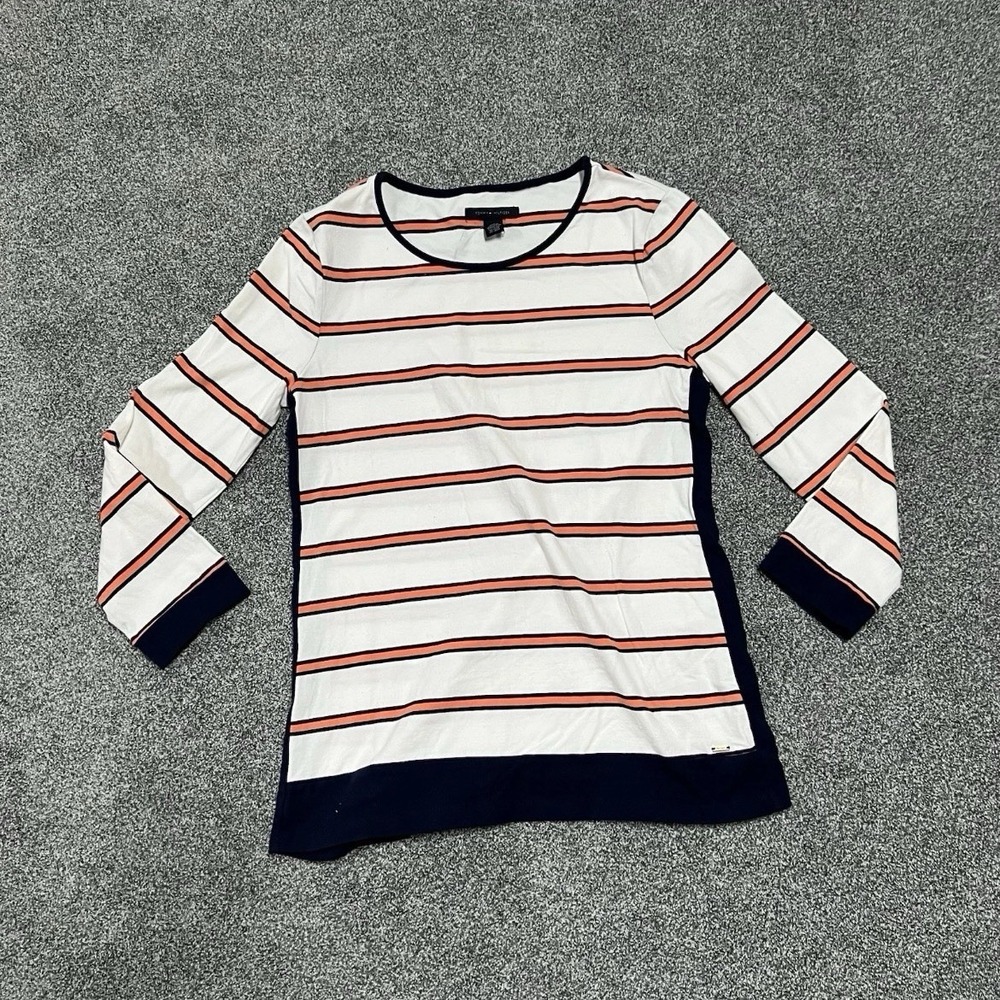 Tommy Hilfiger Striped Top Womens Small 3/4 Sleeve White Orange Navy T-Shirt
